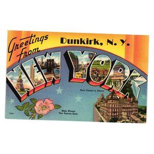 Vintage Dunkirk NY Postcard Greetings From New York State Flower Pasture Rose
